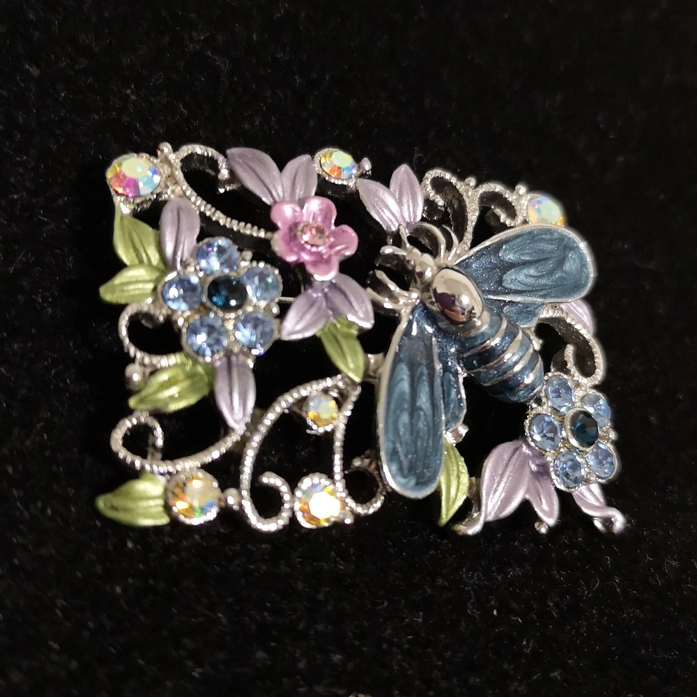 Floral & Enamel Blue Bee Brooch with Blue Pink Purple Accents & Aurora Borealis